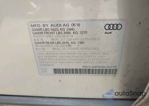 2016 Audi Q5 2.0T Premium from USA, damaged, VIN WA1L2AFP8GA144718